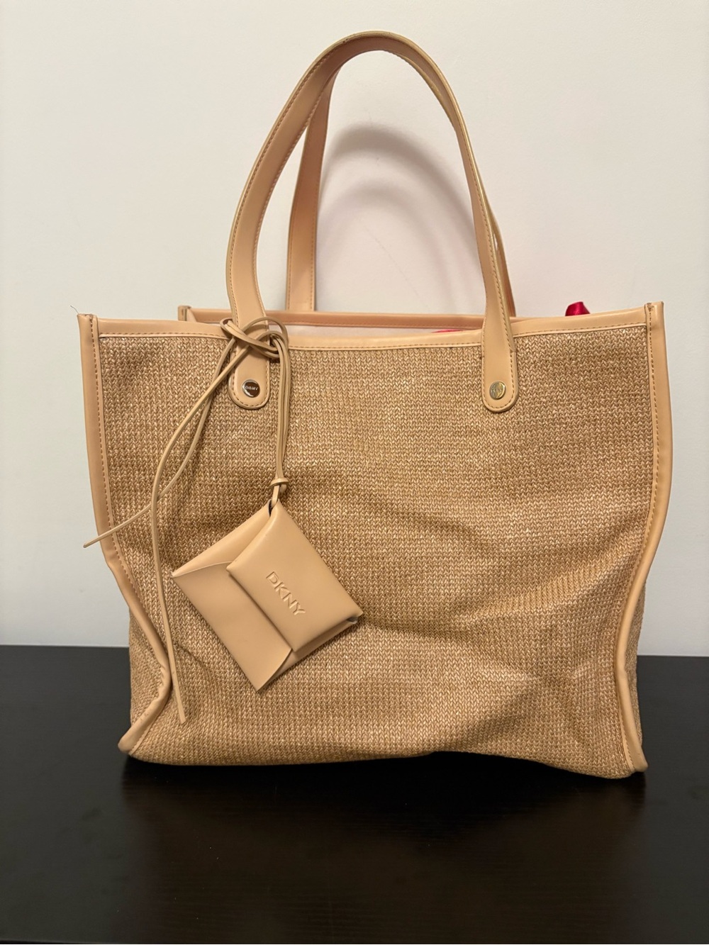 DKNY Natural Beige Straw Tote with Leather Trim